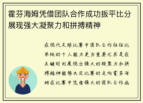 霍芬海姆凭借团队合作成功扳平比分展现强大凝聚力和拼搏精神